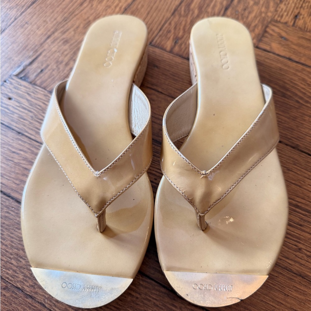 Jimmy Choo Beige Patent Thong Sandals